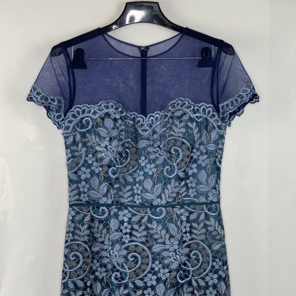 JS Collections Blue Metallic Illusion Yoke Scroll Embroidered Gown NWOT Size 2 - Picture 6 of 12